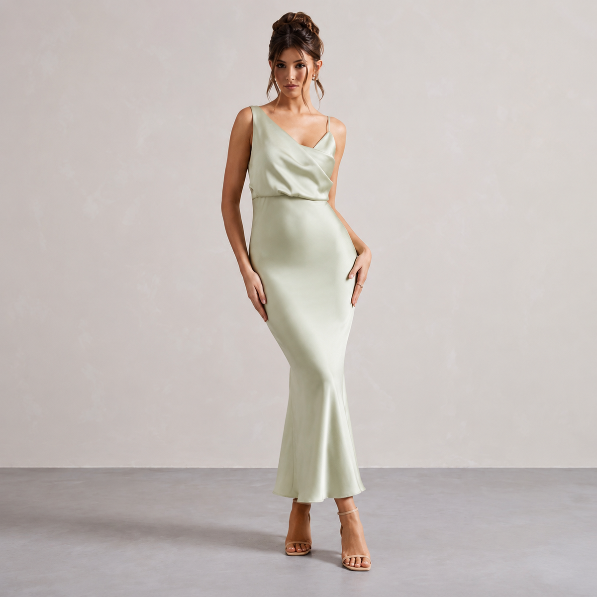 Cowl Neck Asymmetric Strap Satin Slip Maxi Dress 7