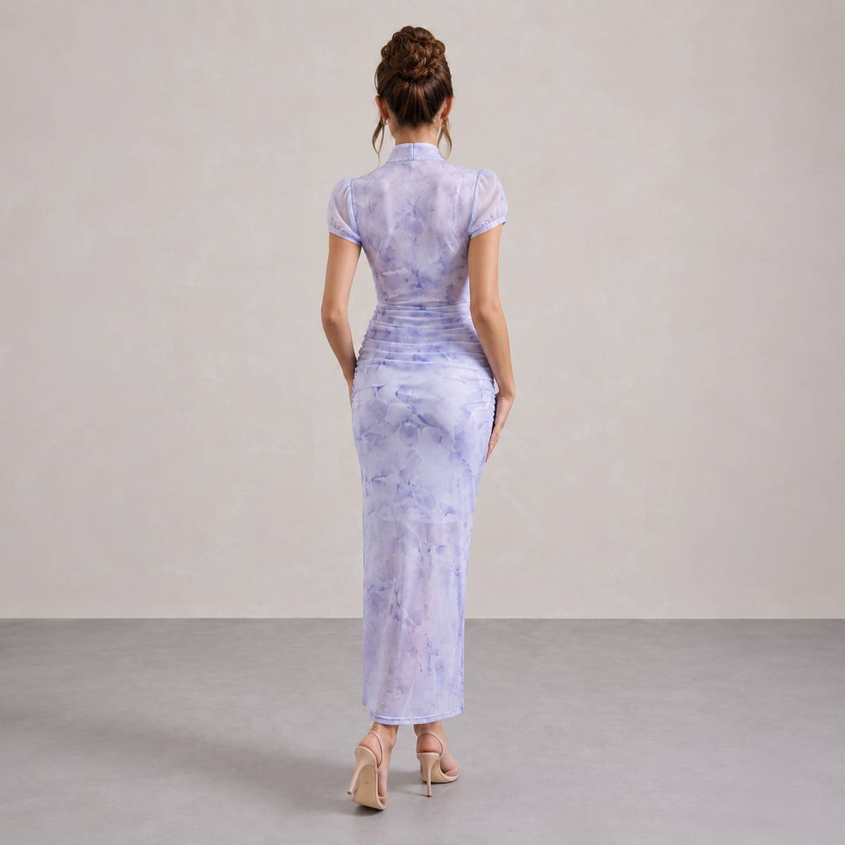 Floral Print Mandarin Collar Cut Out Ruched Split Midi Dress 3