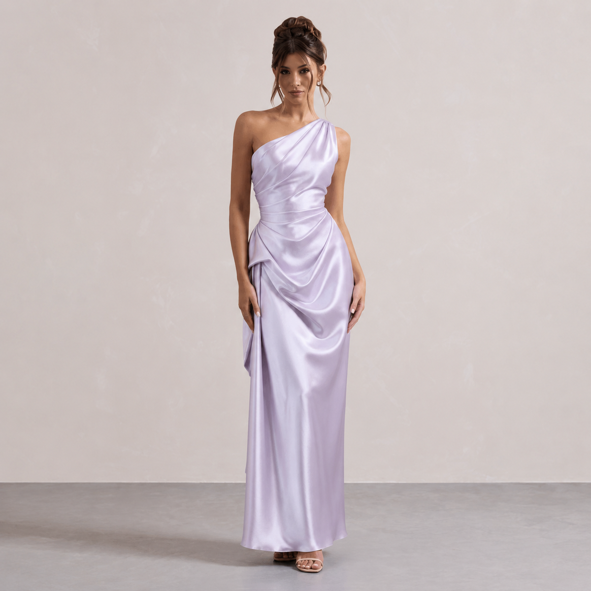 One Shoulder Ruched Draped Satin Midi Dress 16