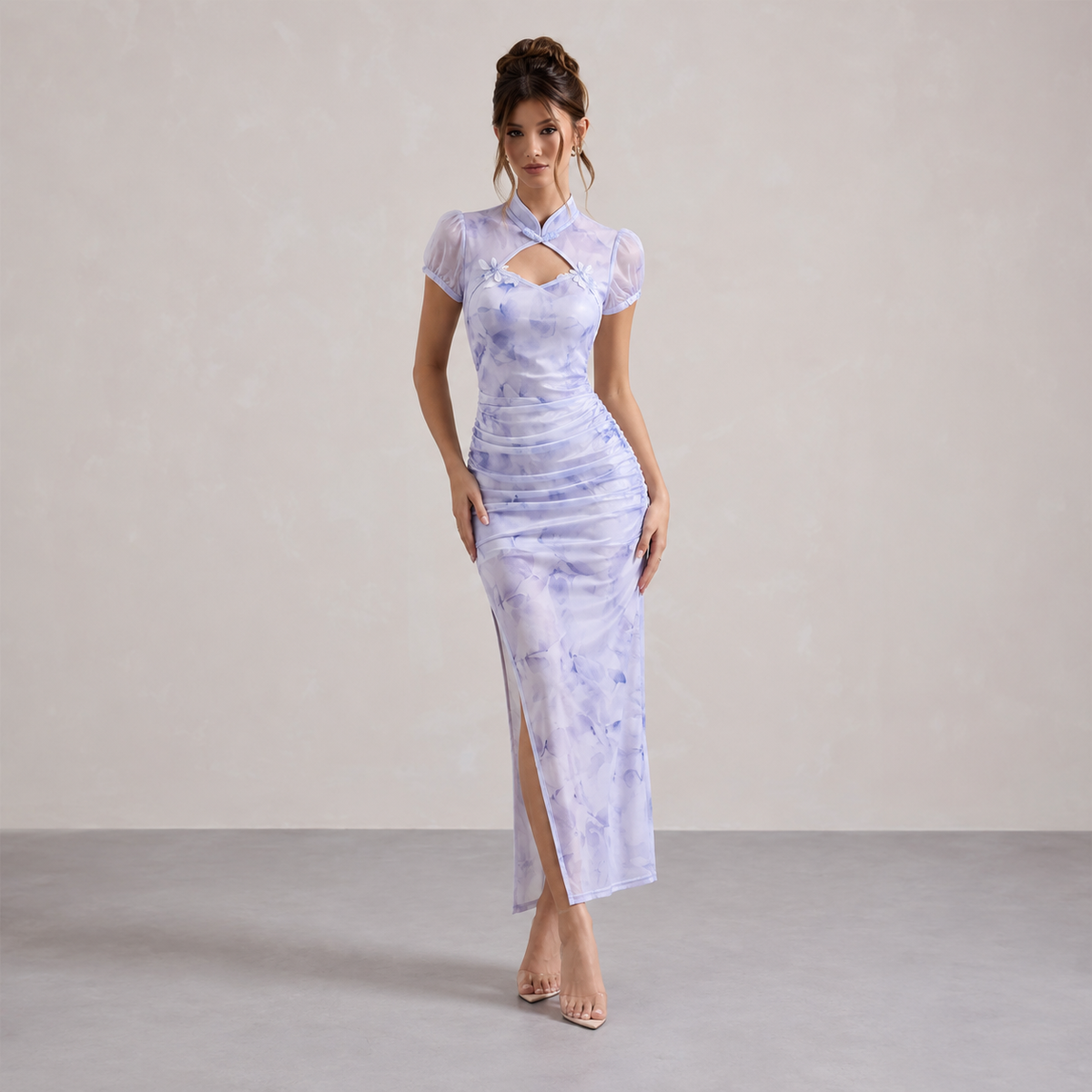 Floral Print Mandarin Collar Cut Out Ruched Split Midi Dress