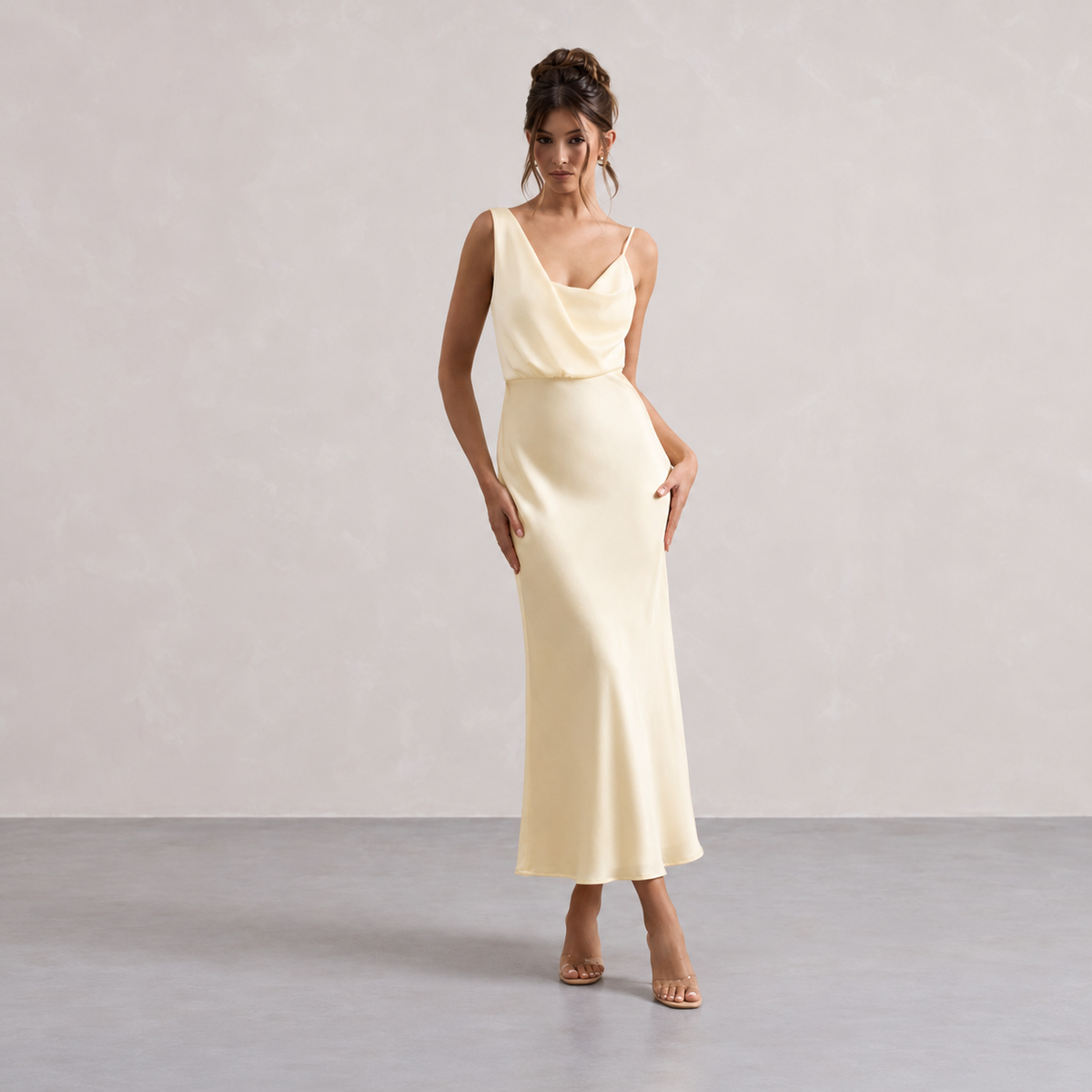 Cowl Neck Asymmetric Strap Satin Slip Maxi Dress 10