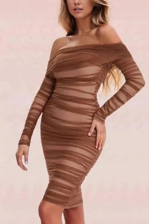 Lila Bodycon Wrap Long Sleeve Dress - Tan Brown - Fashionpara