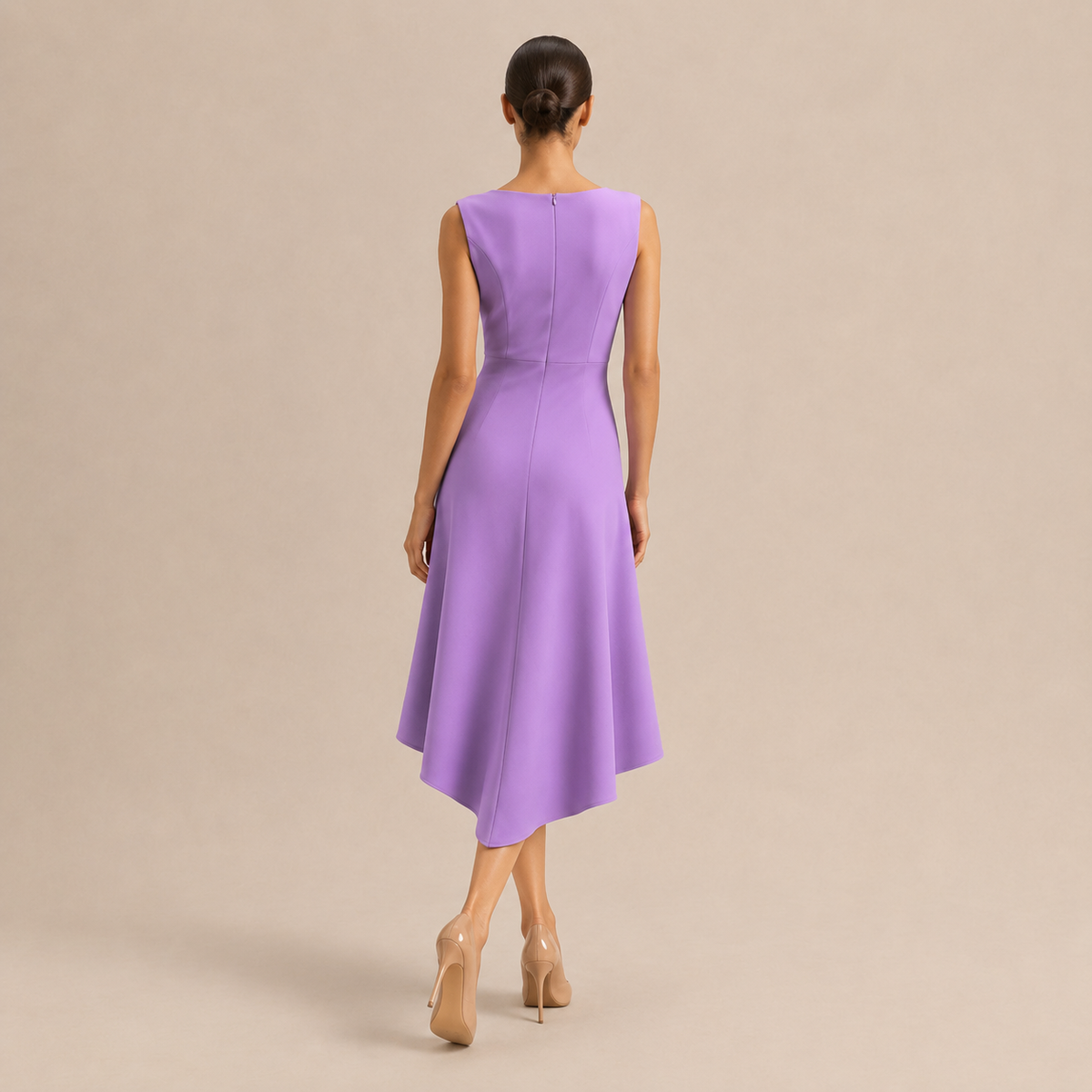 Boat Neck Sleeveless Ruched Ruffle High Low Midi Dress 15