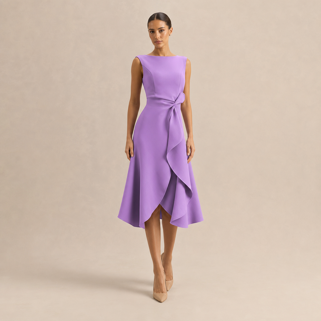 Boat Neck Sleeveless Ruched Ruffle High Low Midi Dress 13