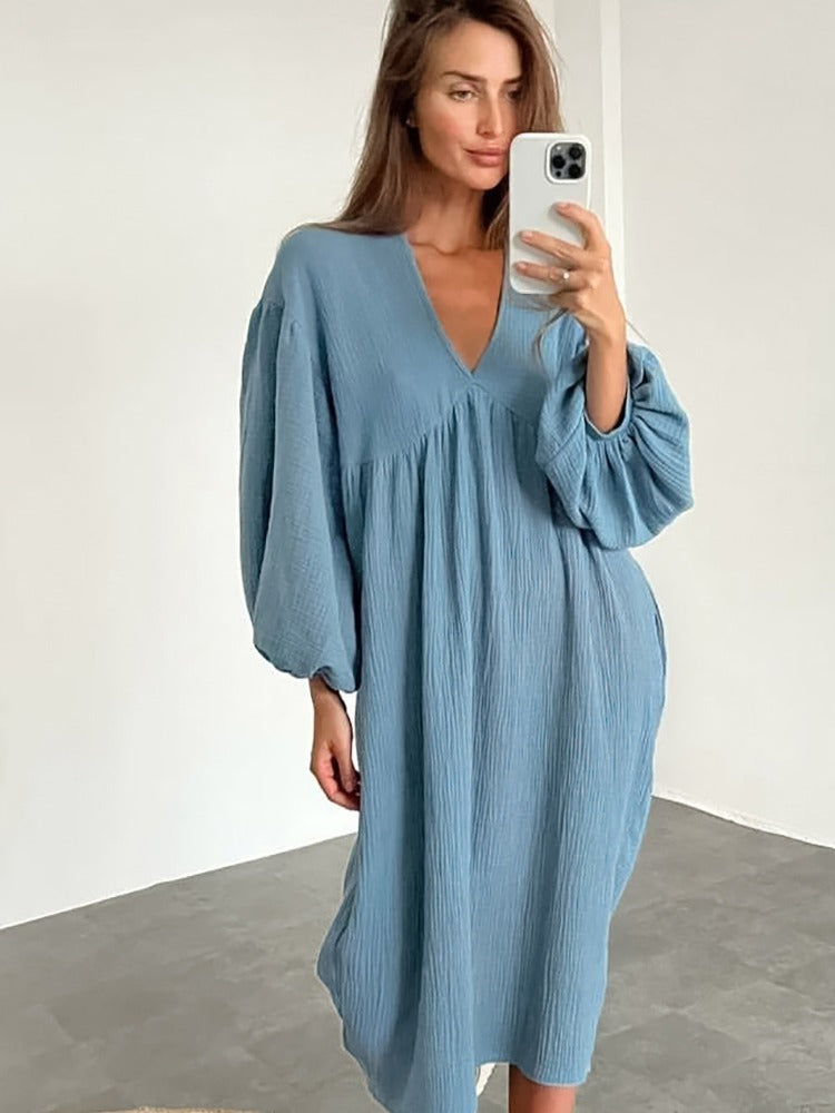 Deep V-Neck Long Balloon Sleeve Empire Waist Crinkle Gauze Midi Dress