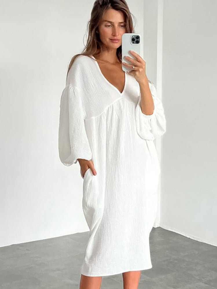 Deep V-Neck Long Balloon Sleeve Empire Waist Crinkle Gauze Midi Dress - View 7