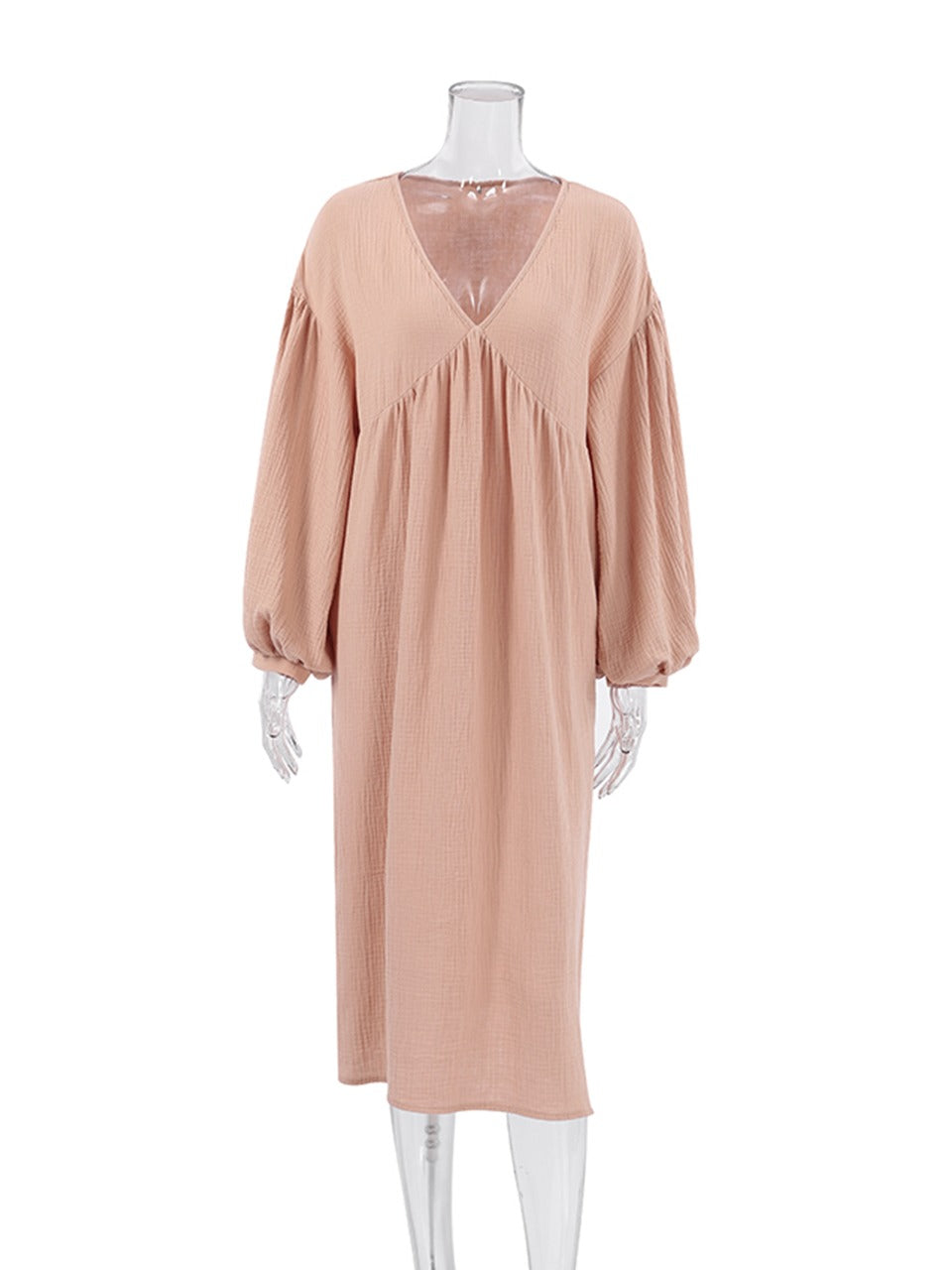Deep V-Neck Long Balloon Sleeve Empire Waist Crinkle Gauze Midi Dress - View 8