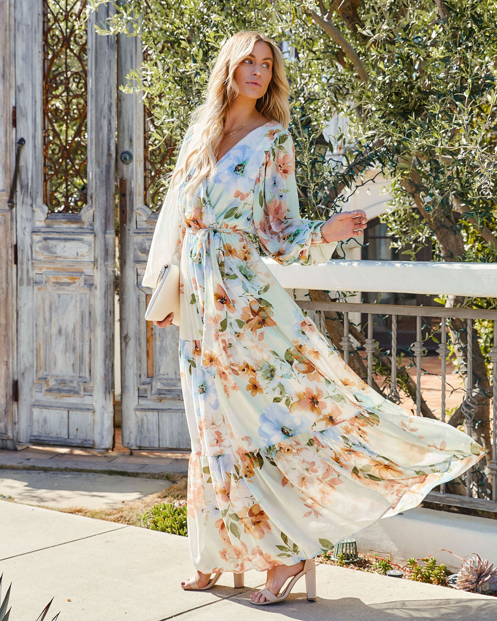 Floral Print Wrap Long Sleeve Tiered Maxi Dress