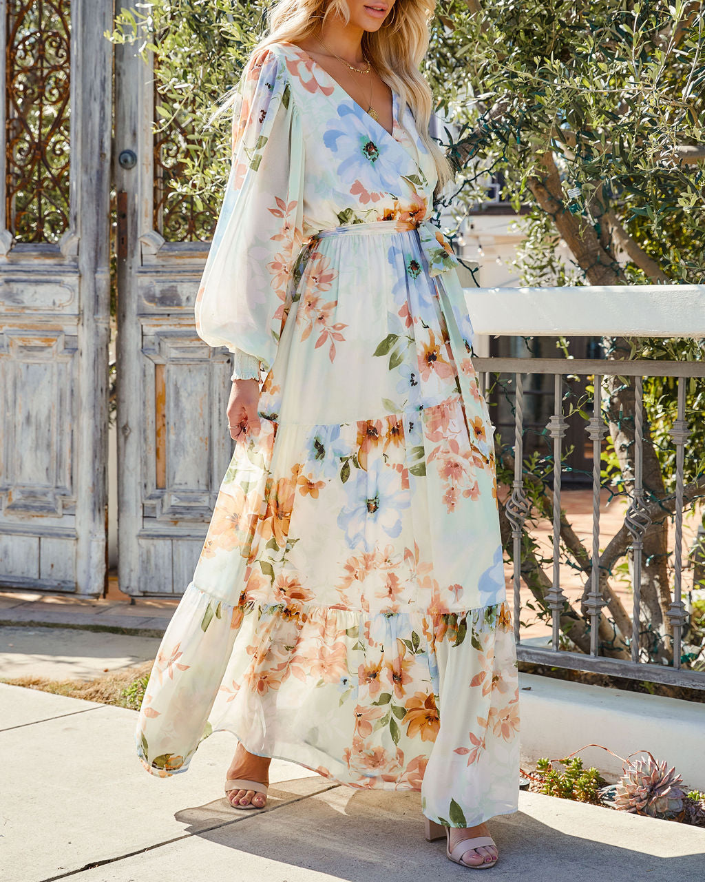 Floral Print Wrap Long Sleeve Tiered Maxi Dress