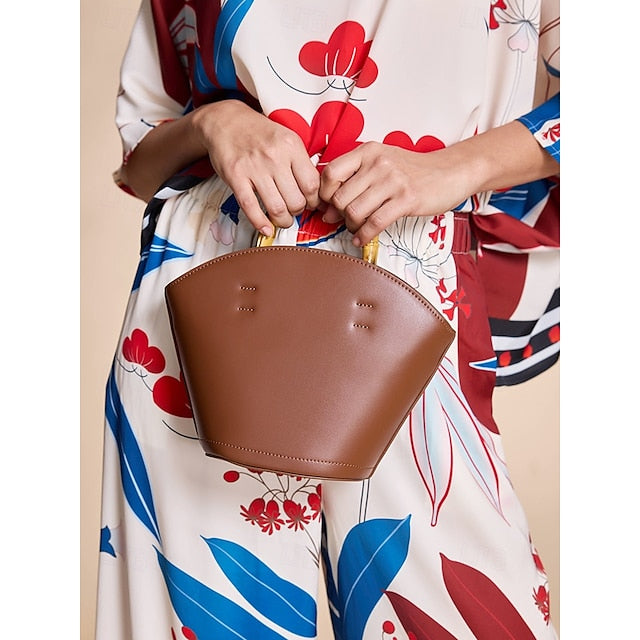 Bucket Bag Bamboo Handle Leather Brown with