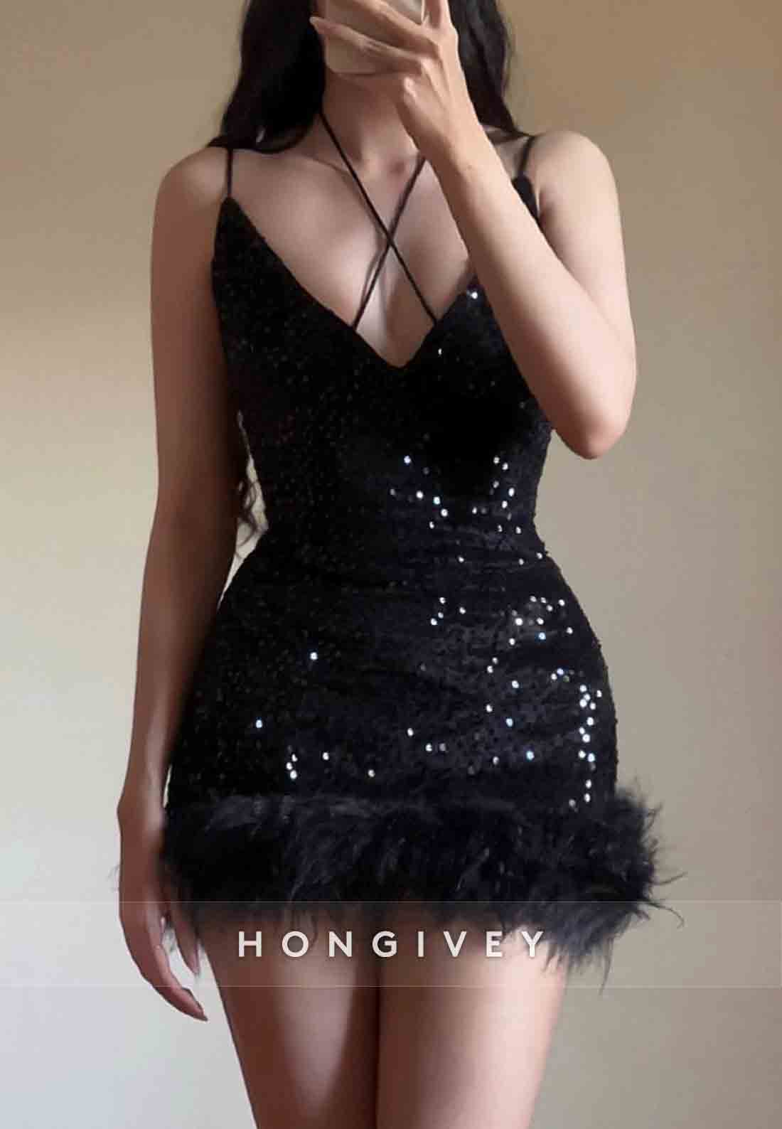 Feather Sleeveless V-Neck Spaghetti Straps Glitter Mini Homecoming Dresses