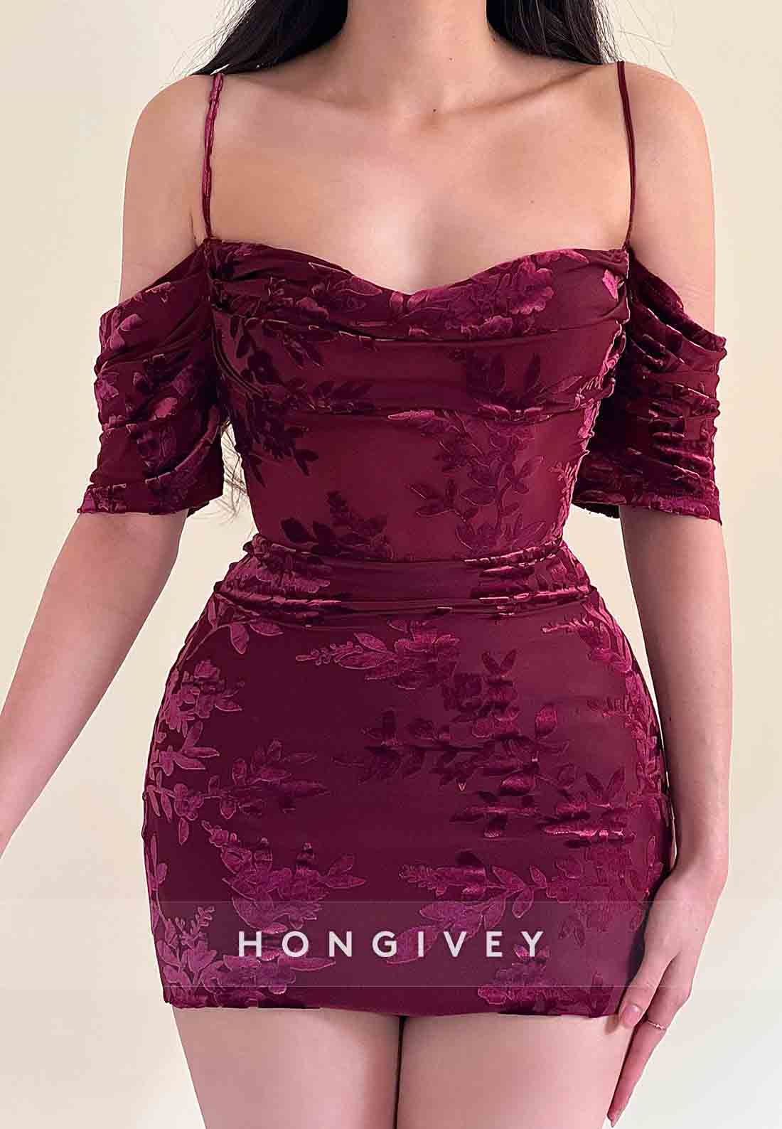 Spaghetti Straps Sheath Floral Print Sweetheart Mini Homecoming Dresses