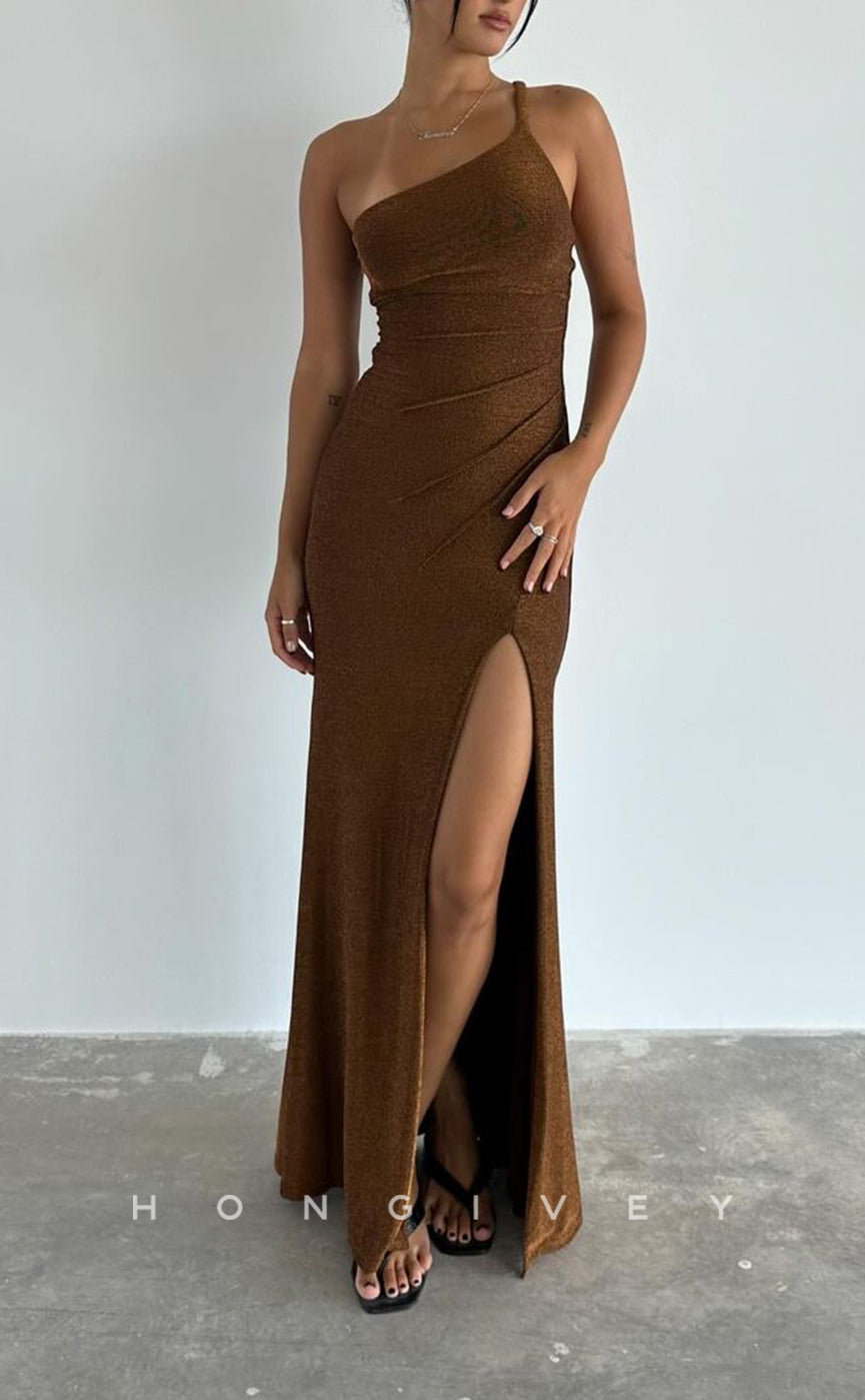 L2787 - Satin Fitted One Shoulder With Side Slit Pleats Party Prom Evening Dress - Fashionpara