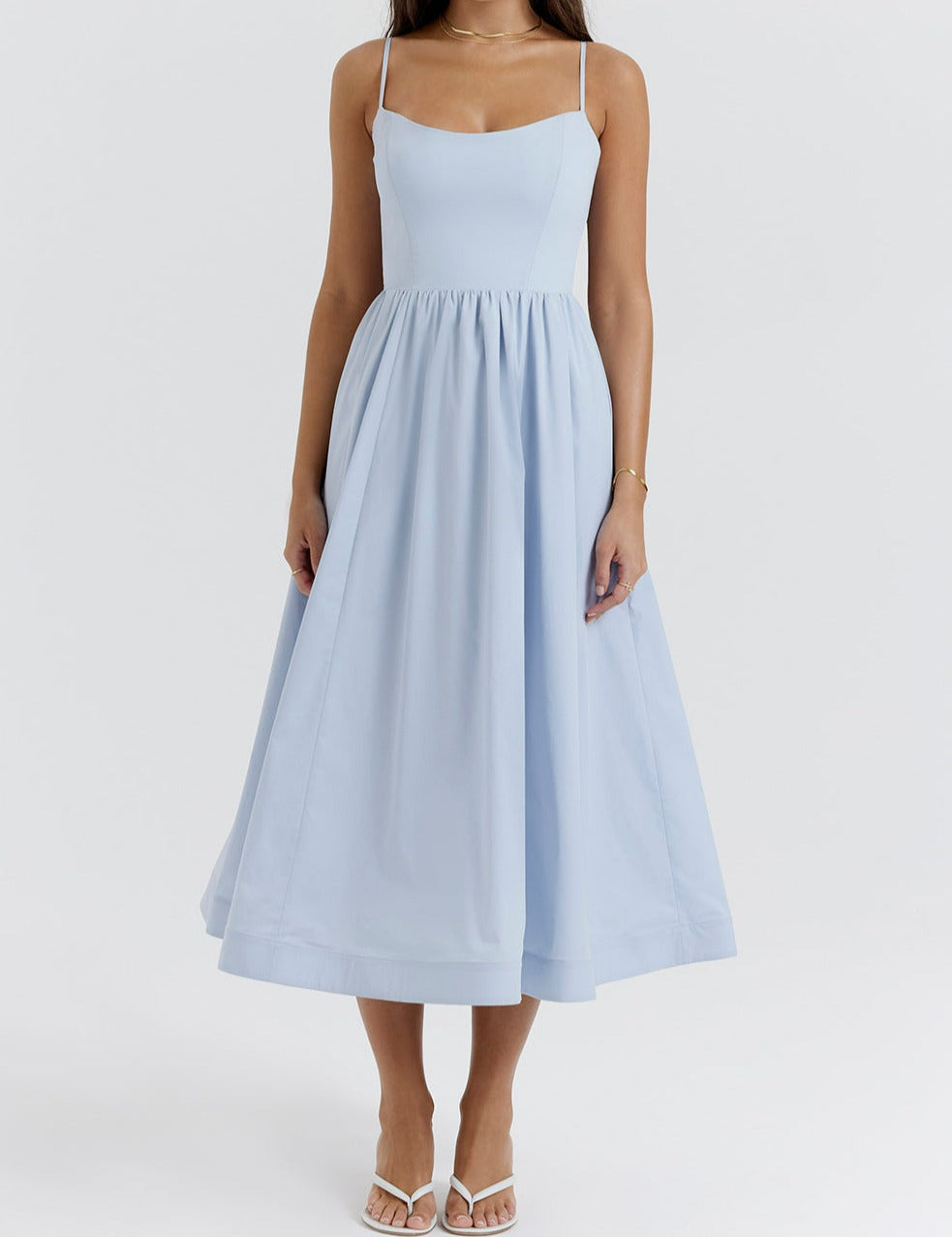Spaghetti Strap Scoop Neck Seamed Bodice A-Line Midi Dress - View 2