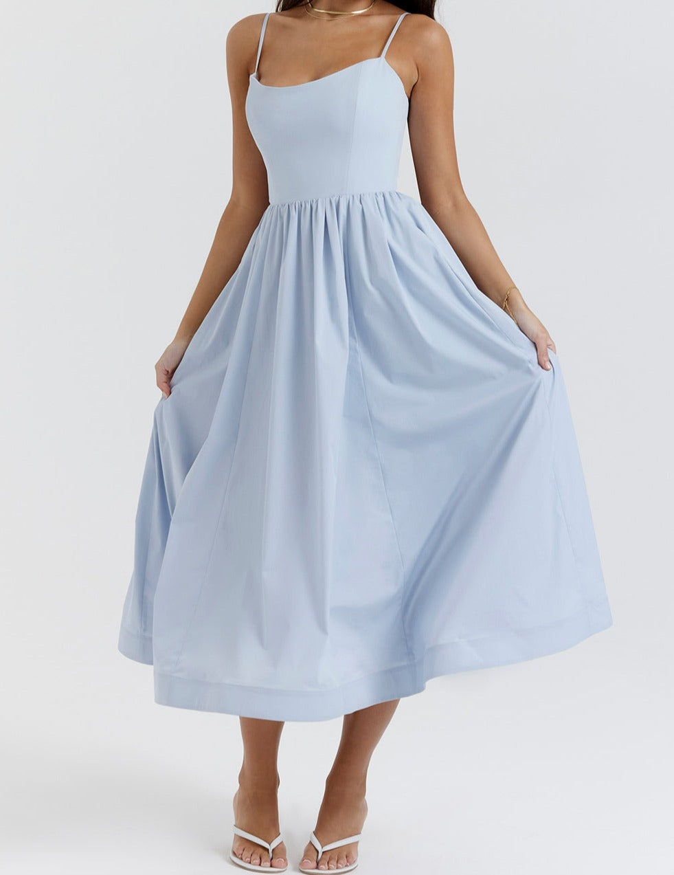 Spaghetti Strap Scoop Neck Seamed Bodice A-Line Midi Dress - View 15