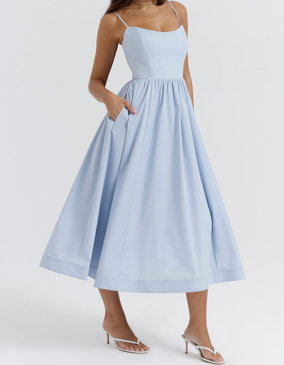 Spaghetti Strap Scoop Neck Seamed Bodice A-Line Midi Dress - View 14
