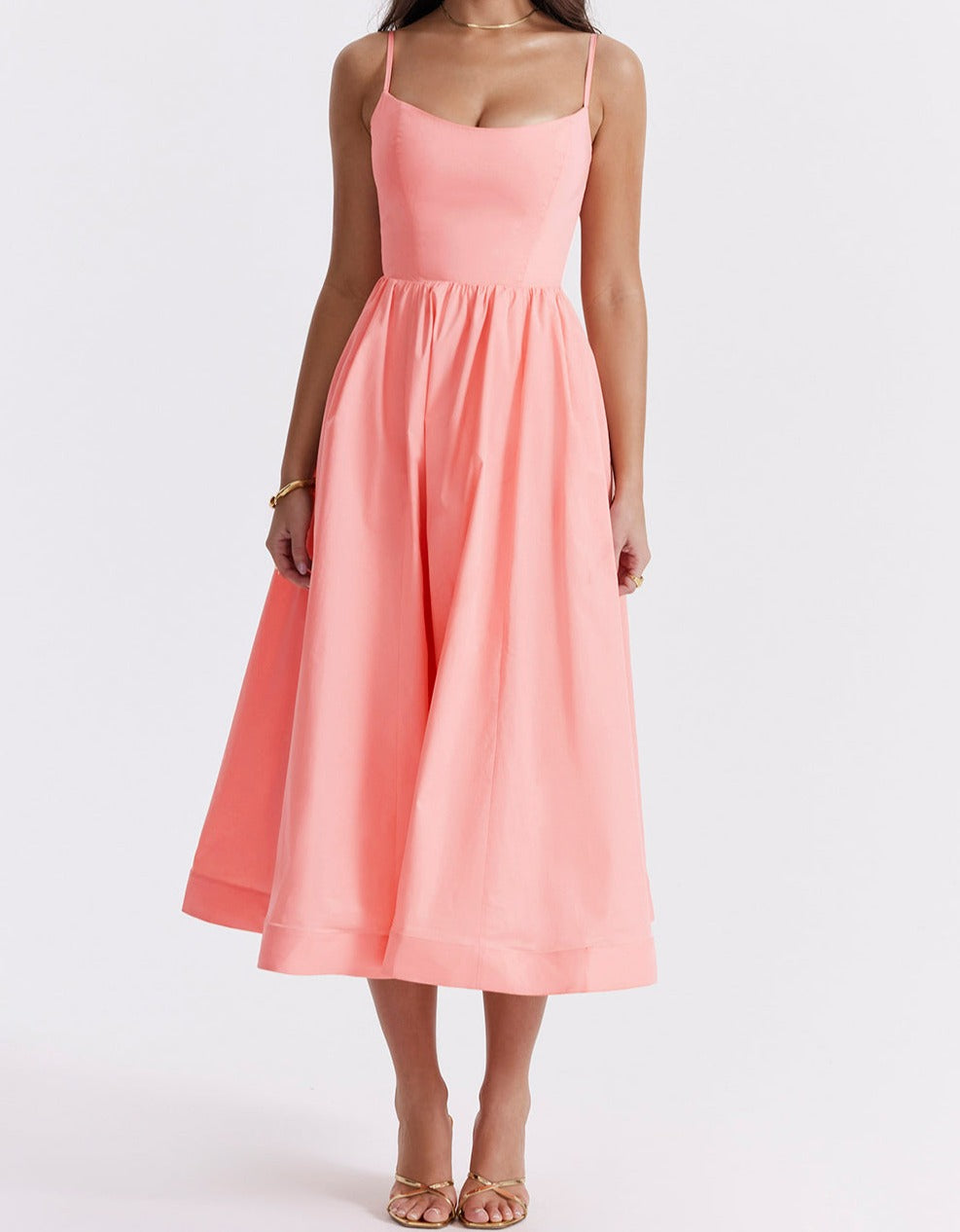 Spaghetti Strap Scoop Neck Seamed Bodice A-Line Midi Dress
