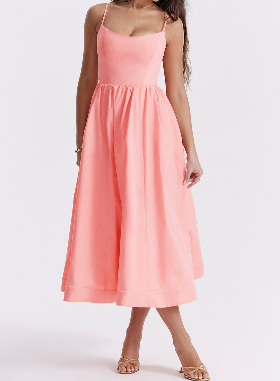 Spaghetti Strap Scoop Neck Seamed Bodice A-Line Midi Dress - View 11
