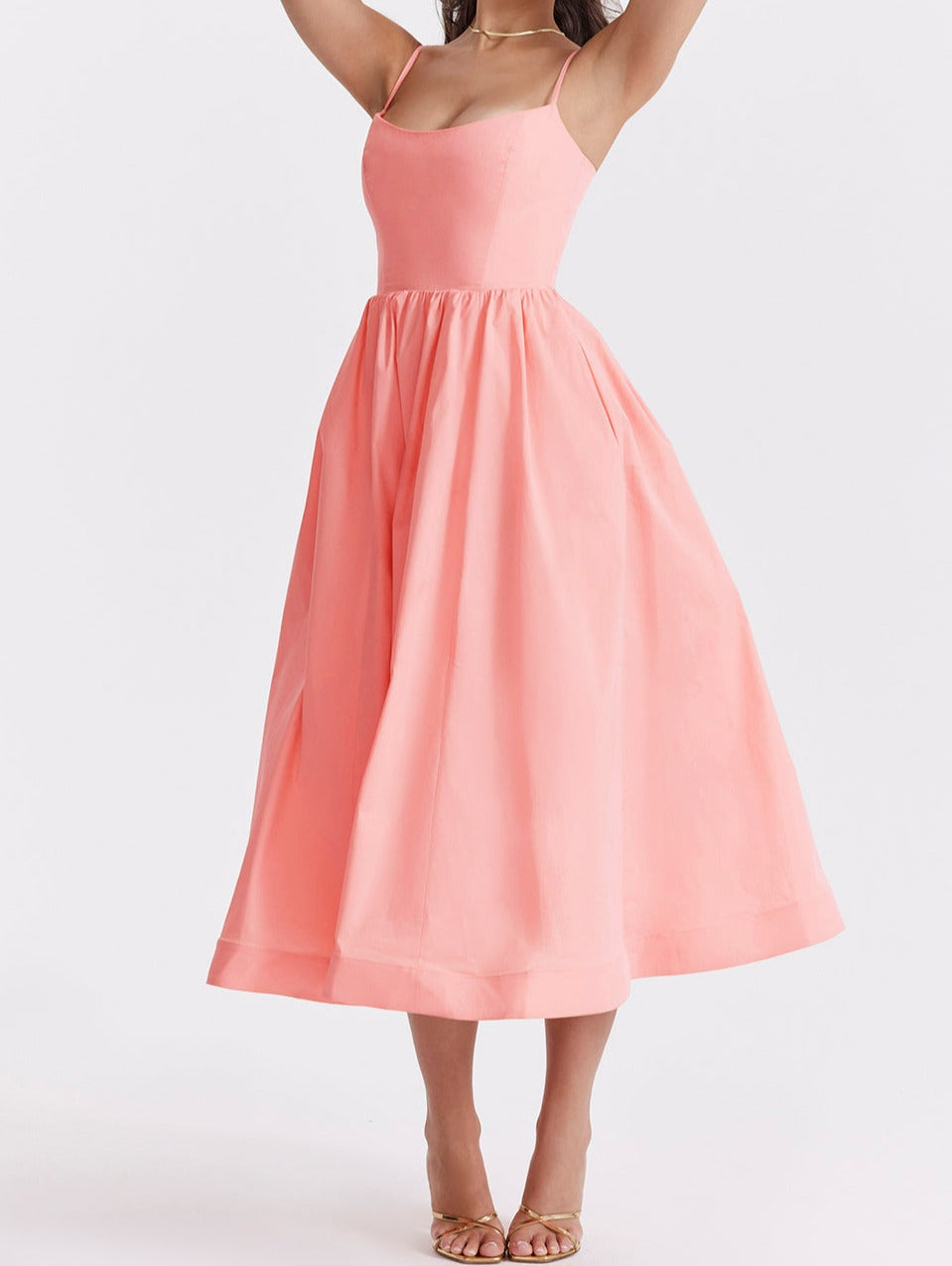 Spaghetti Strap Scoop Neck Seamed Bodice A-Line Midi Dress - View 9