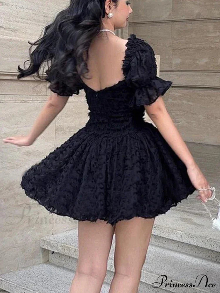 Lolita Summer Vintage High Waist Black Ball Gown Goth Aesthetic Puff Sleeve V-neck Corset Mini Dress