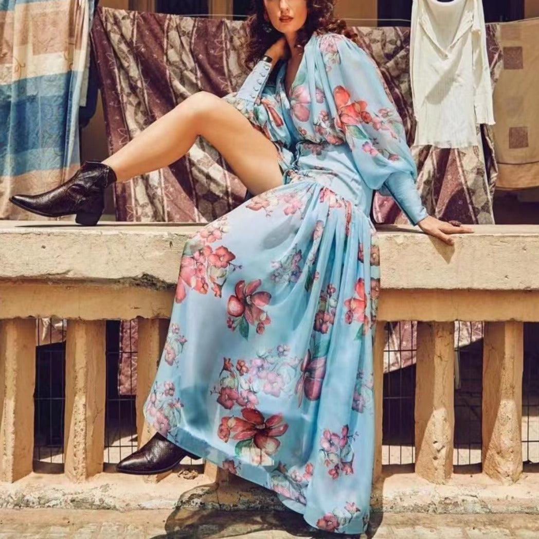 Floral Print V-Neck Long Sleeve Button-Front Maxi Dress