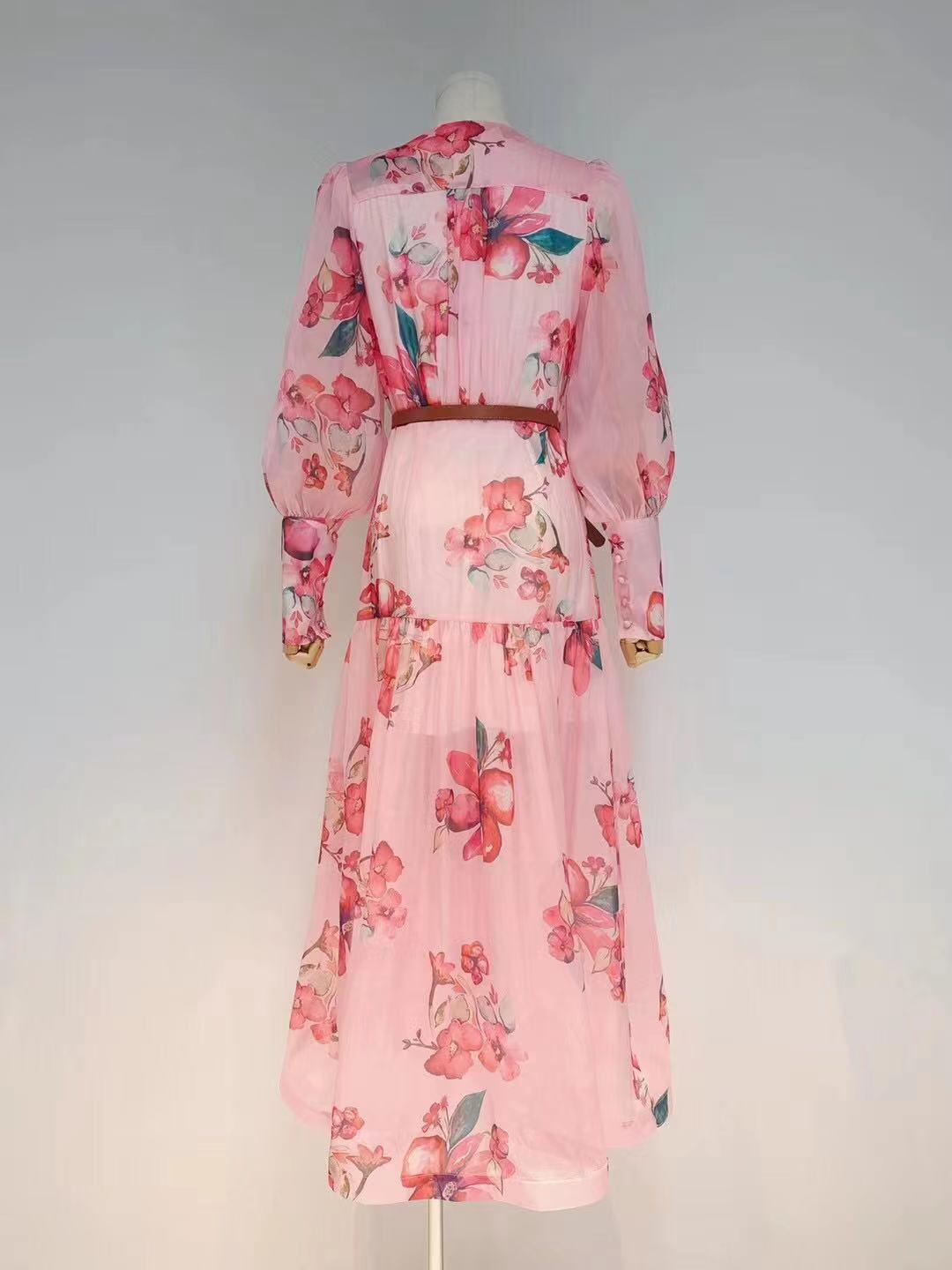 Floral Print V-Neck Long Sleeve Button-Front Maxi Dress