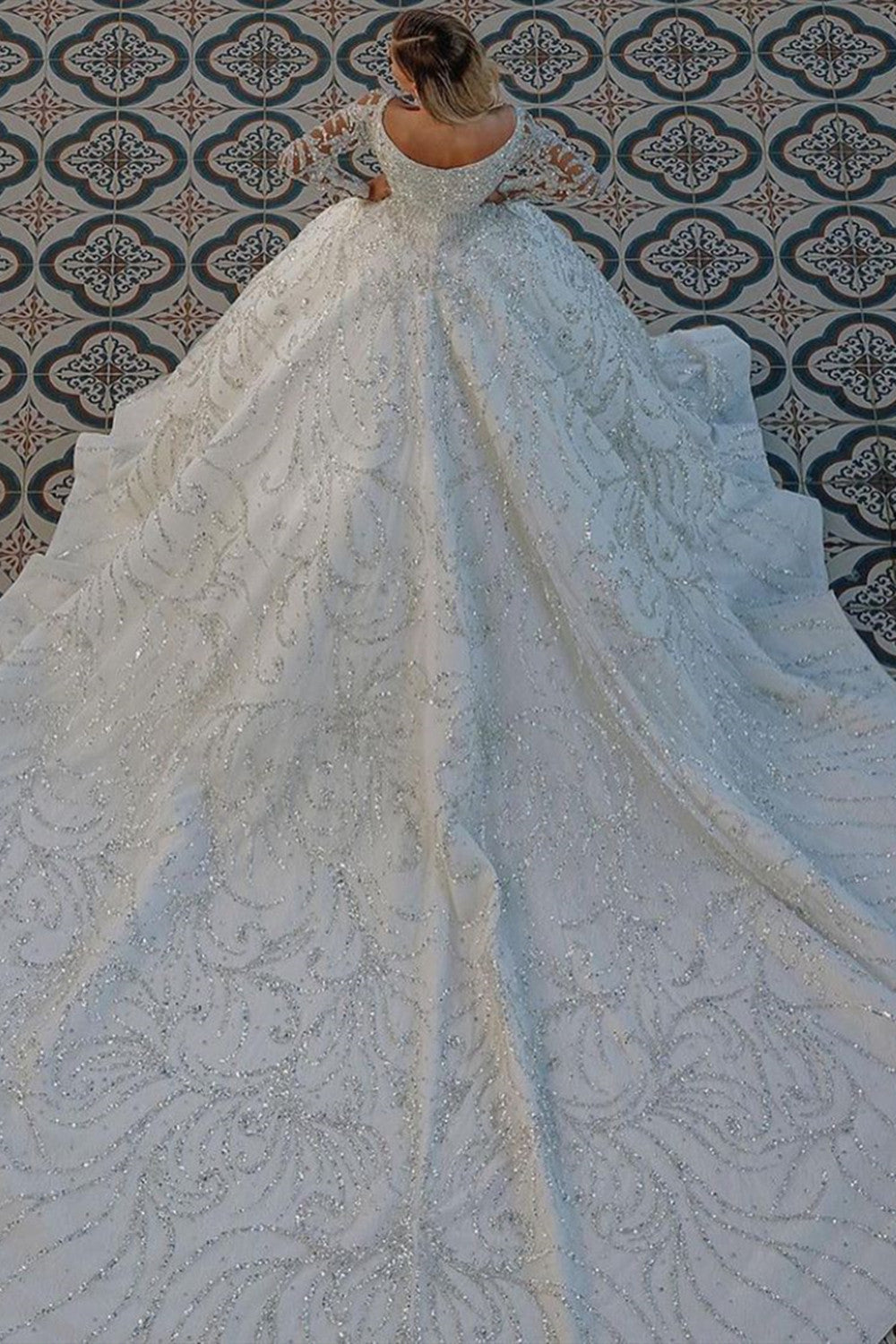 Long Sleeve Ball Gown Wedding Dress With Beads - Fashionpara