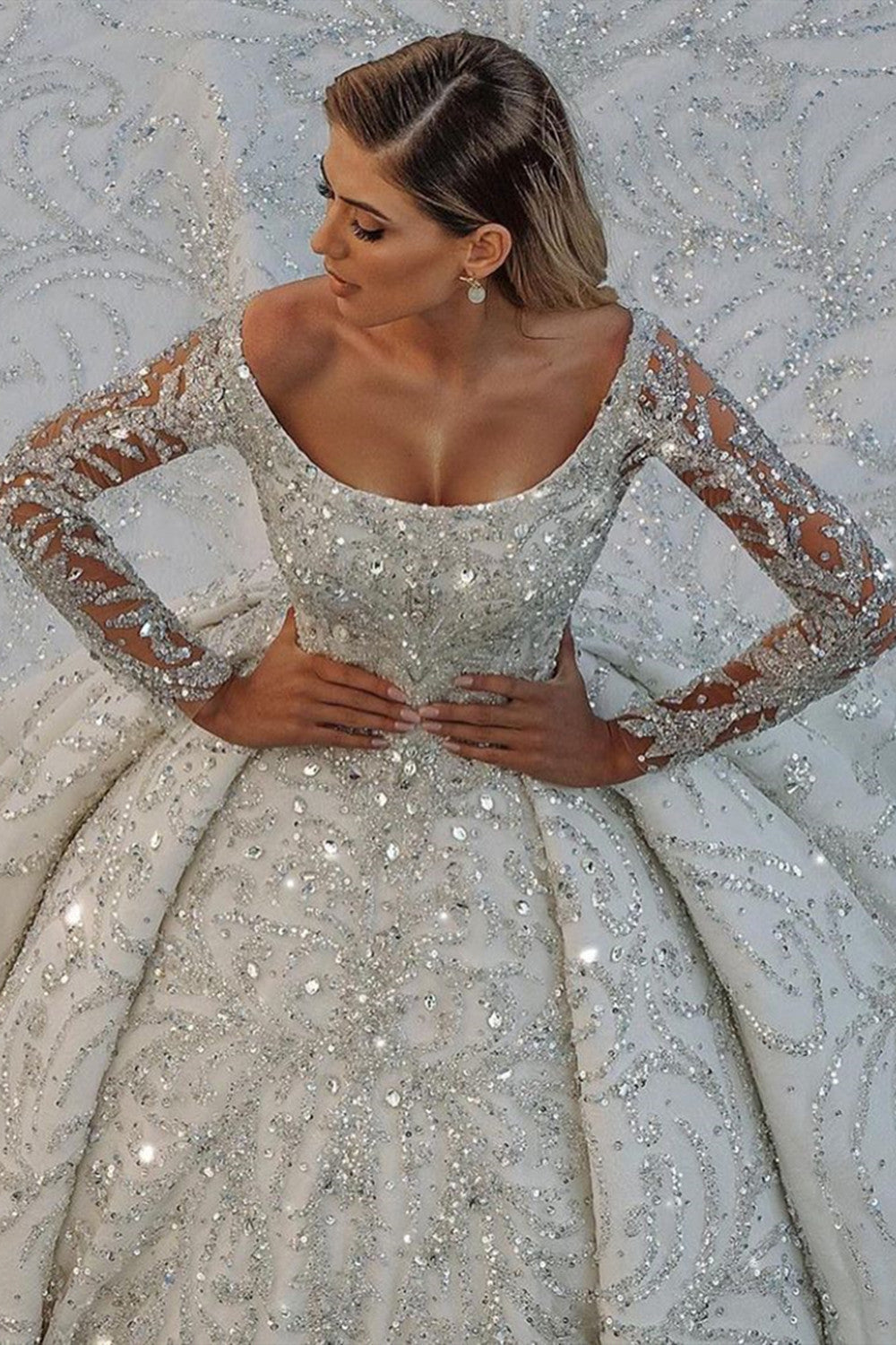 Long Sleeve Ball Gown Wedding Dress With Beads - Fashionpara