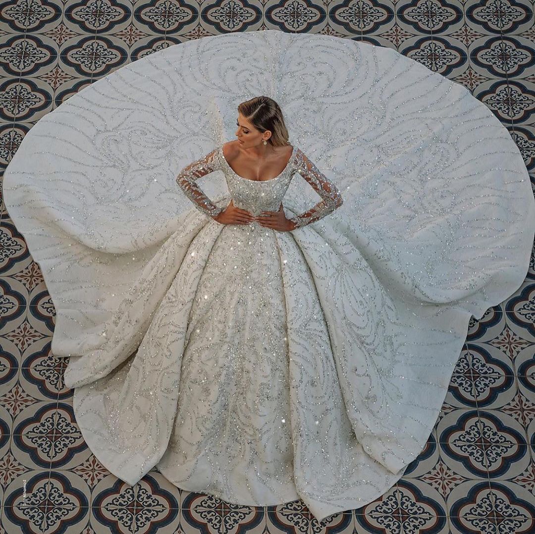 Long Sleeve Ball Gown Wedding Dress With Beads - Fashionpara