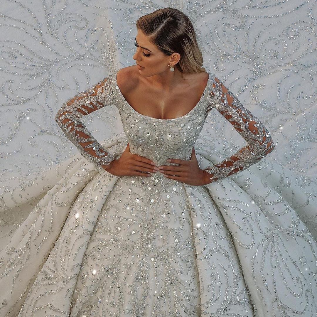 Long Sleeve Ball Gown Wedding Dress With Beads - Fashionpara