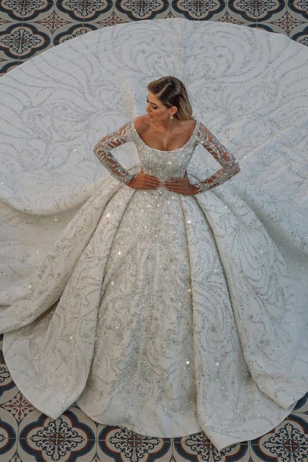 Long Sleeve Ball Gown Wedding Dress With Beads - Fashionpara