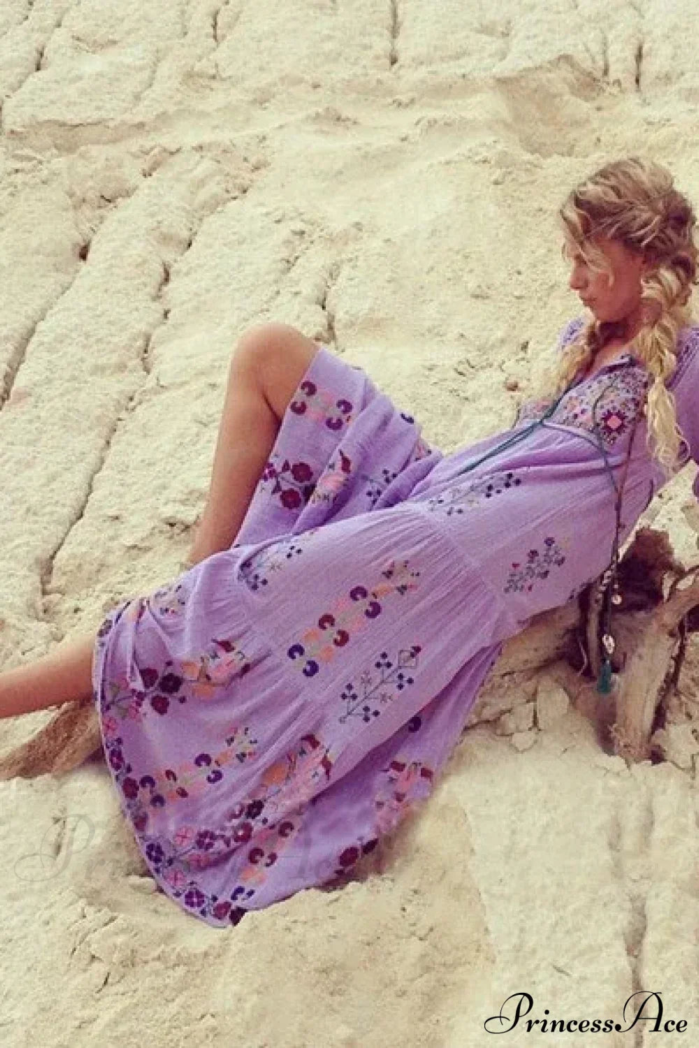 Long Sleeve Ethnic Tunic Maxi Dress PURPLE / S bohodress-250126