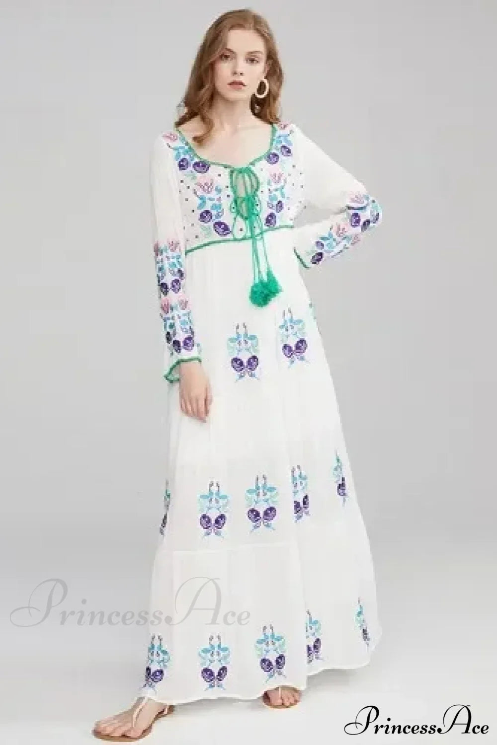 Long Sleeve Ethnic Tunic Maxi Dress WHITE / S bohodress-250126