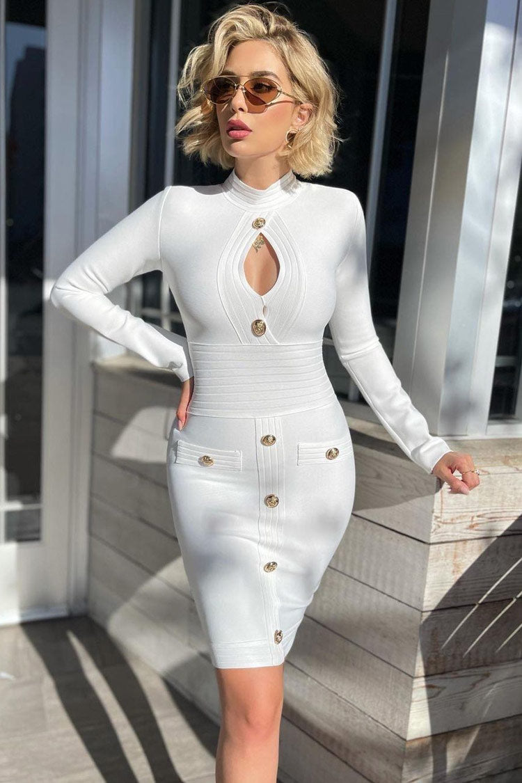 Long Sleeve High Neck Buttoned Front Cutout Bandage Midi Dress - White  Fashionpara