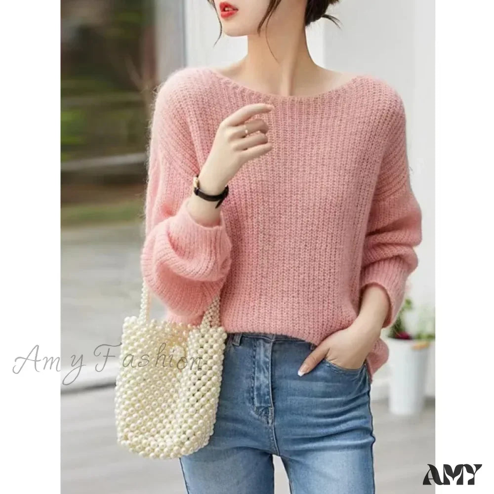 Long Sleeve Knitted Pullover V-Neck Basic Solid OL Sweater 4