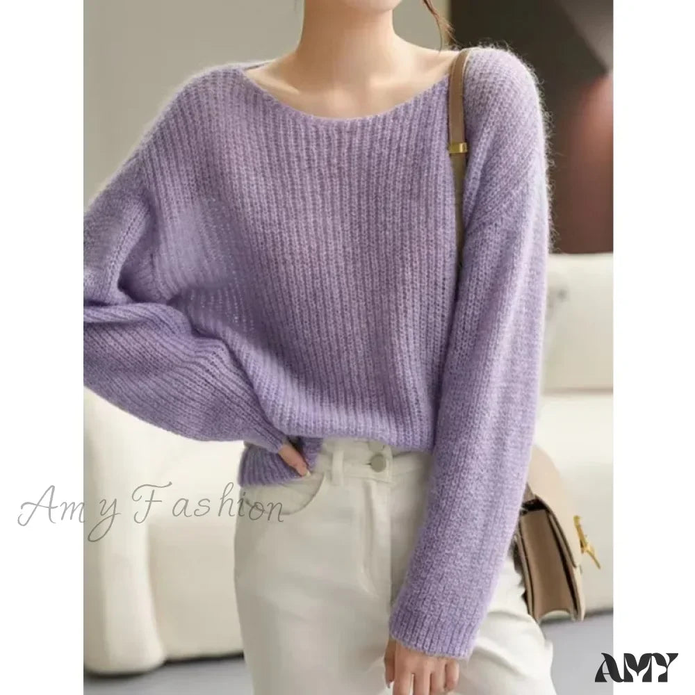 Long Sleeve Knitted Pullover V-Neck Basic Solid OL Sweater 2