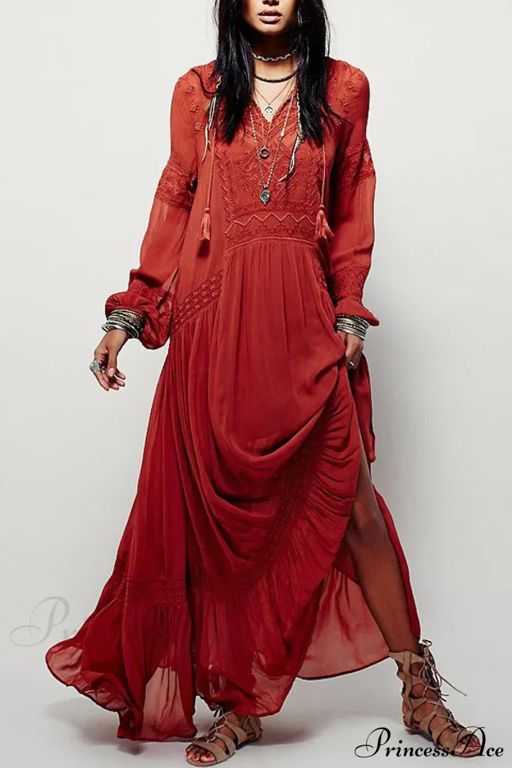 Long Sleeve Maxi Dress Red Floral Embroidery Tassel Boho Dress
