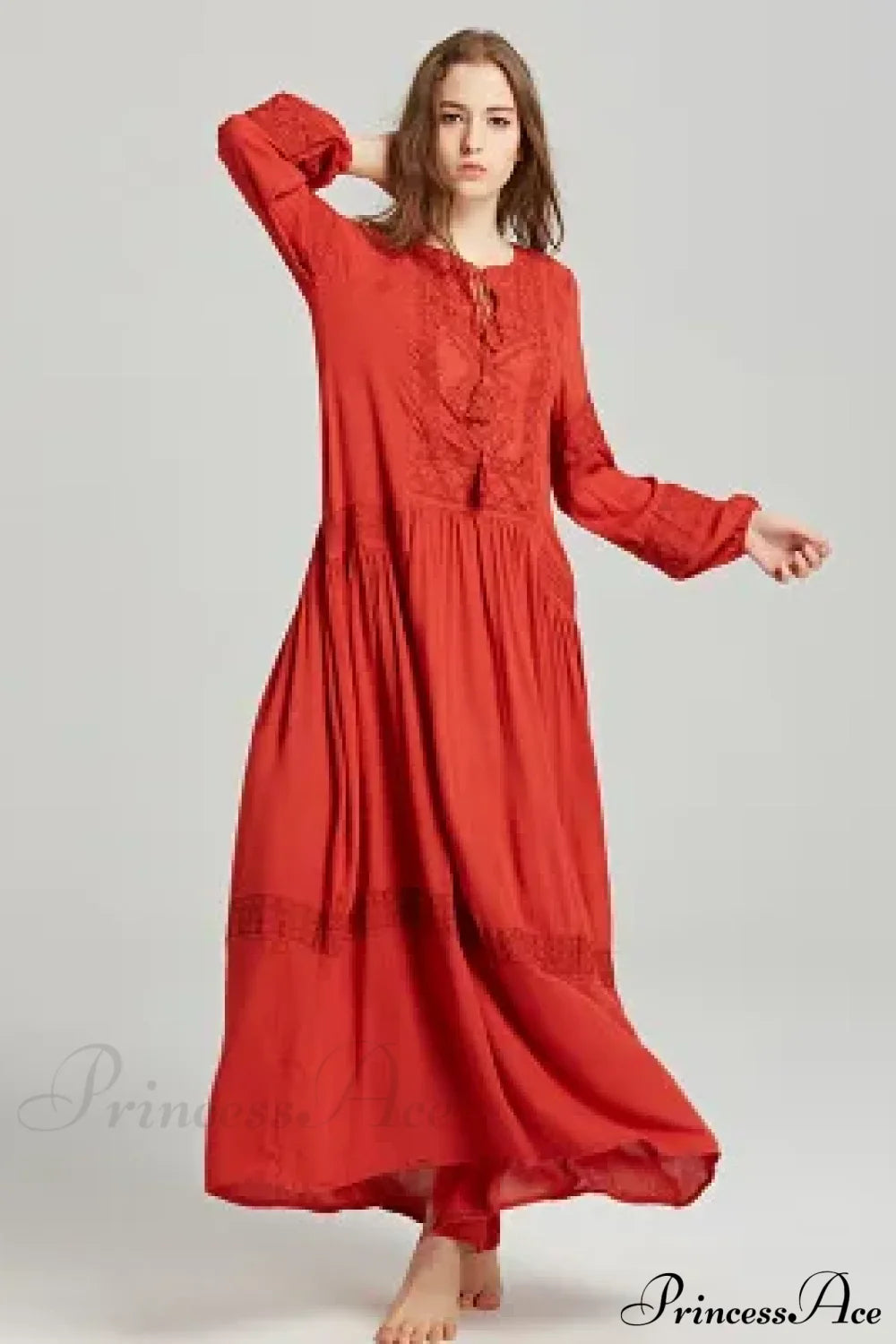 Long Sleeve Maxi Dress Red Floral Embroidery Tassel Boho Dress Red / S bohodress-250126