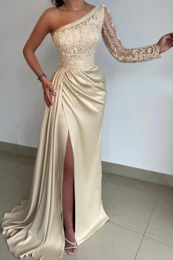 Long Sleeve One Shoulder Prom Dress Mermaid With Lace - Fashionpara