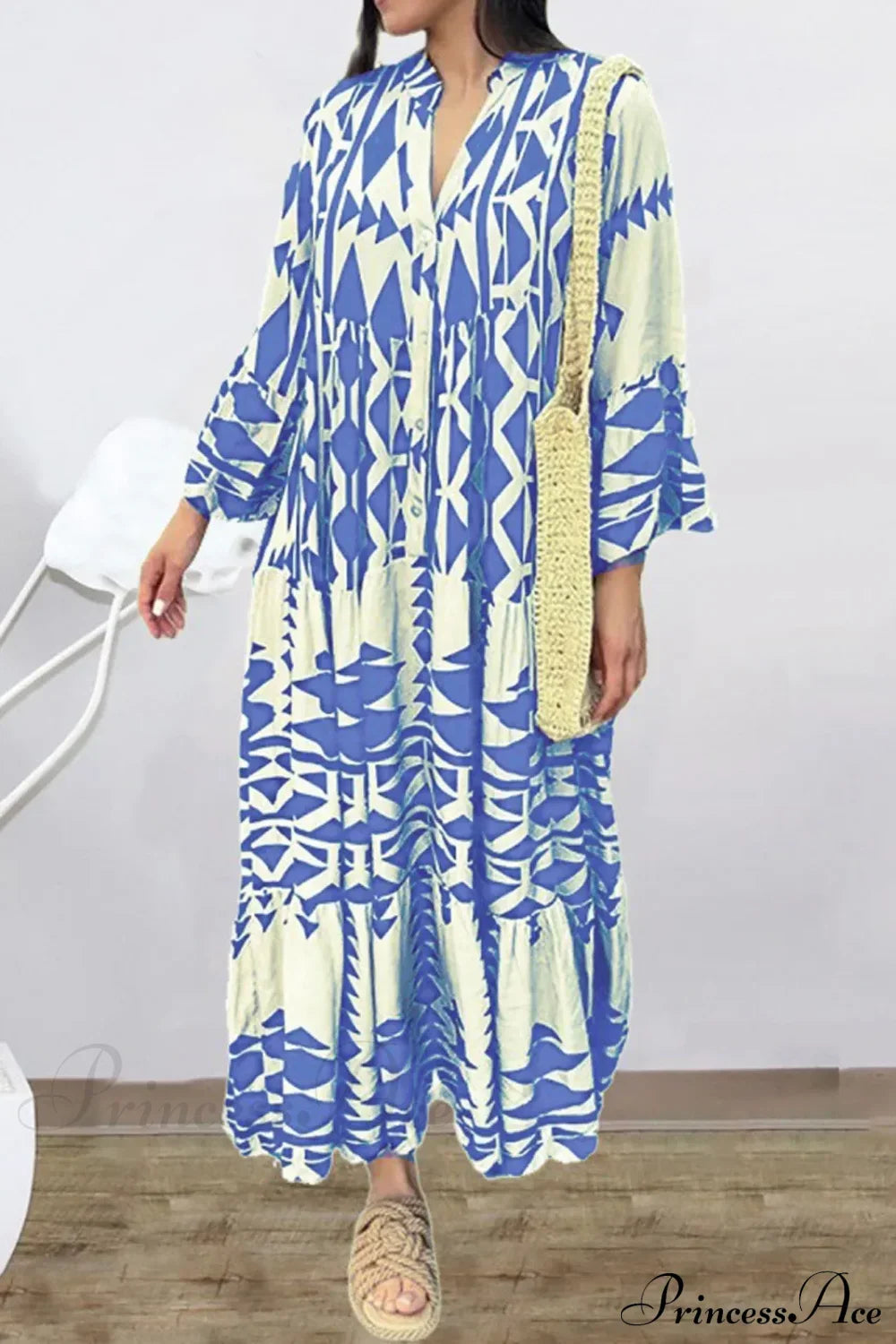 Long Sleeve Pleated Boho Dress BLUE / S bohodress-250126