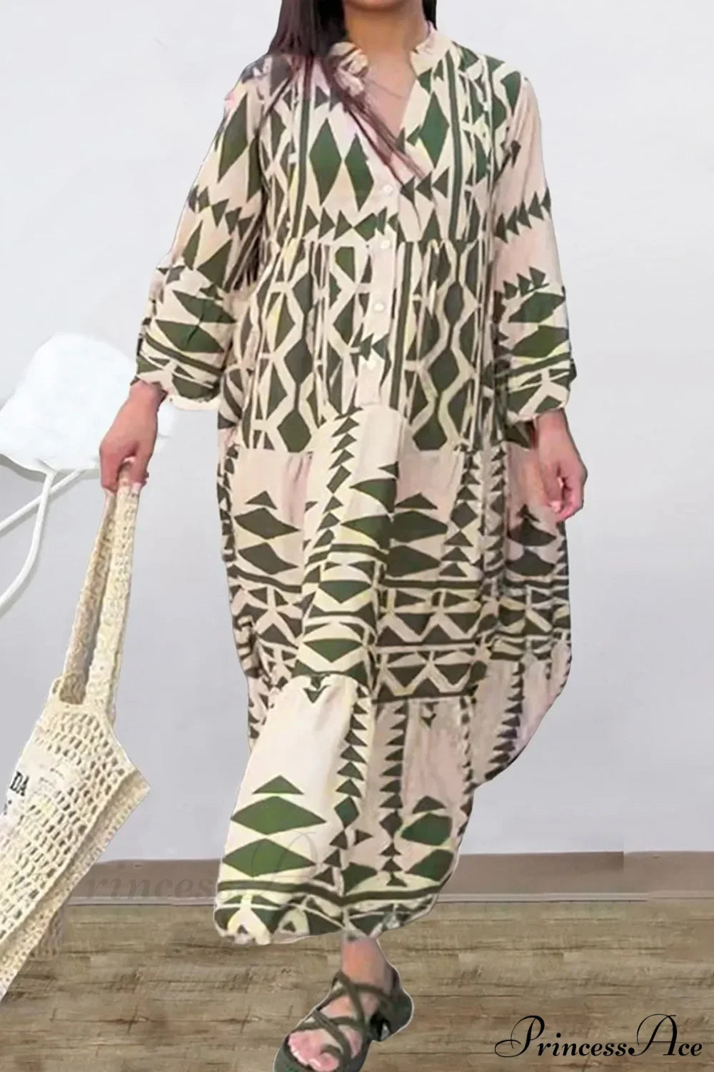 Long Sleeve Pleated Boho Dress Green / S bohodress-250126