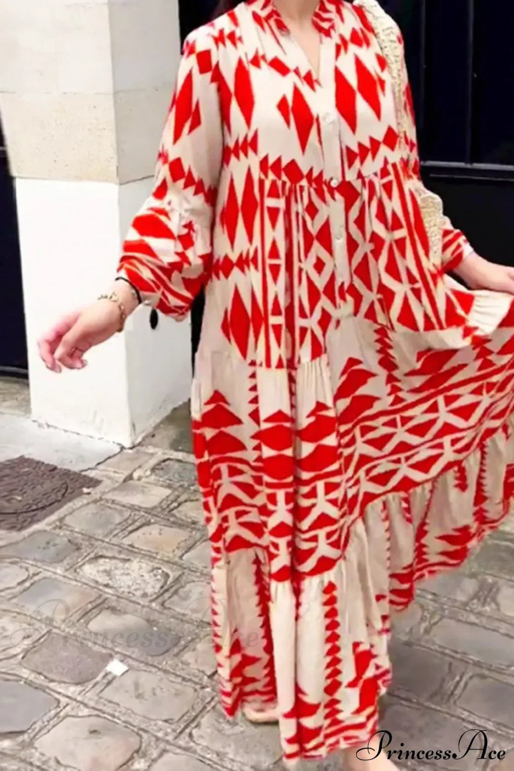 Long Sleeve Pleated Boho Dress Red / S bohodress-250126