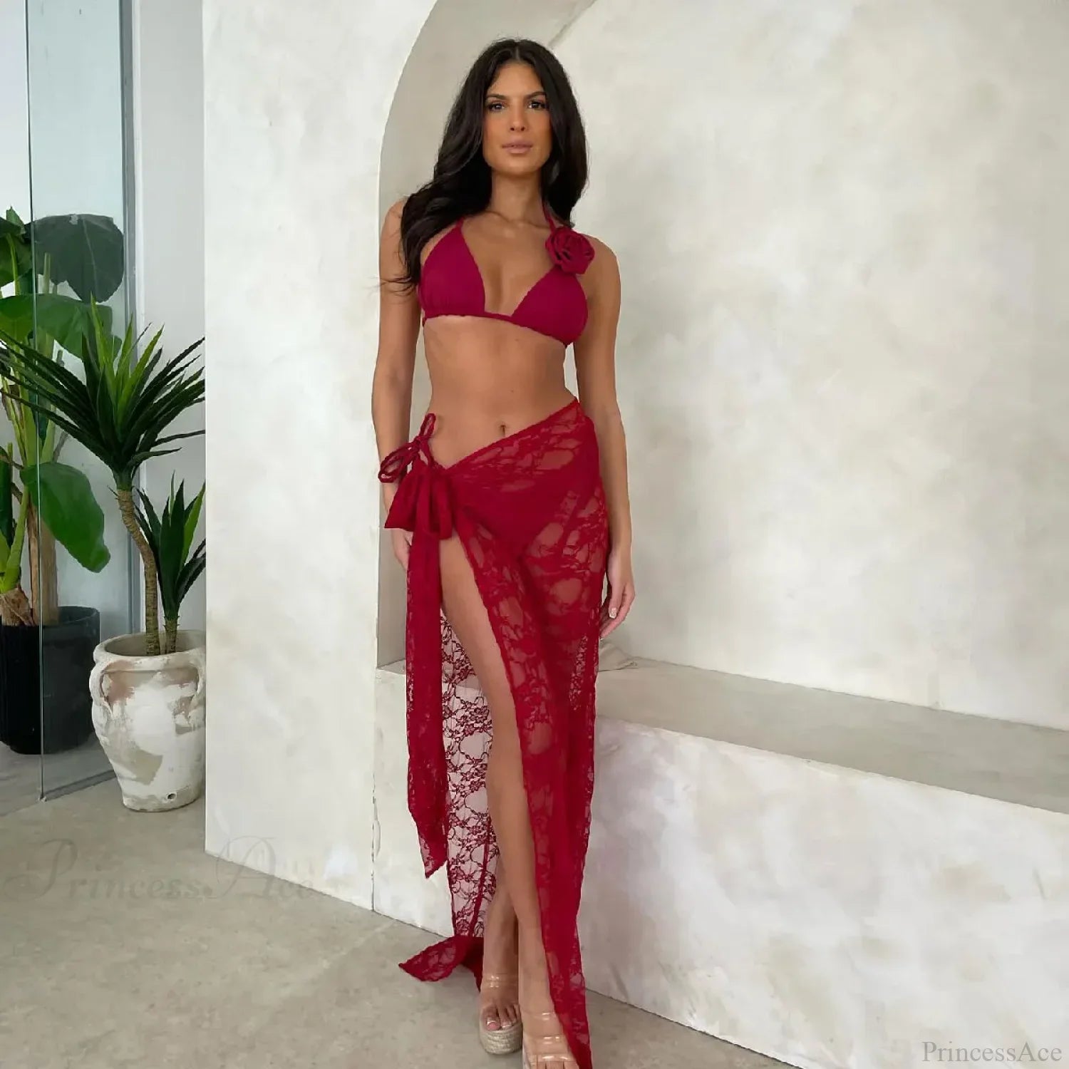 Long Sleeve Push Up Bikini Three Piece Swimsuit Red / S