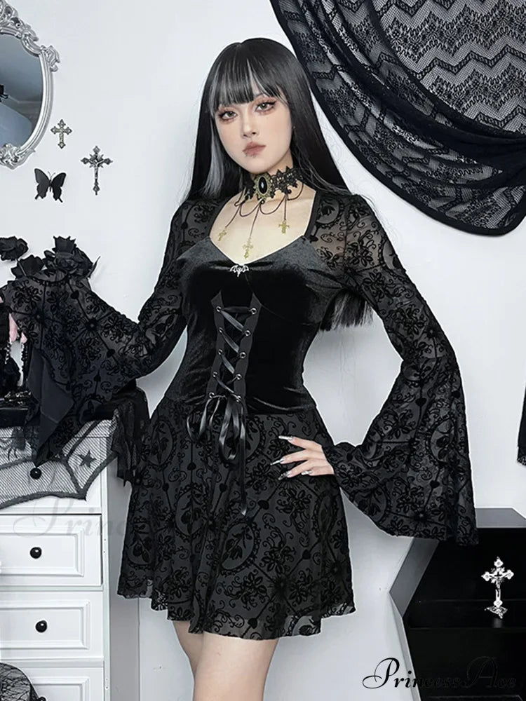 Long Sleeve Ruffle Mini Vintage V Neck Velvet Stretchy Bodycon Cocktail Victorian Dress Black / S