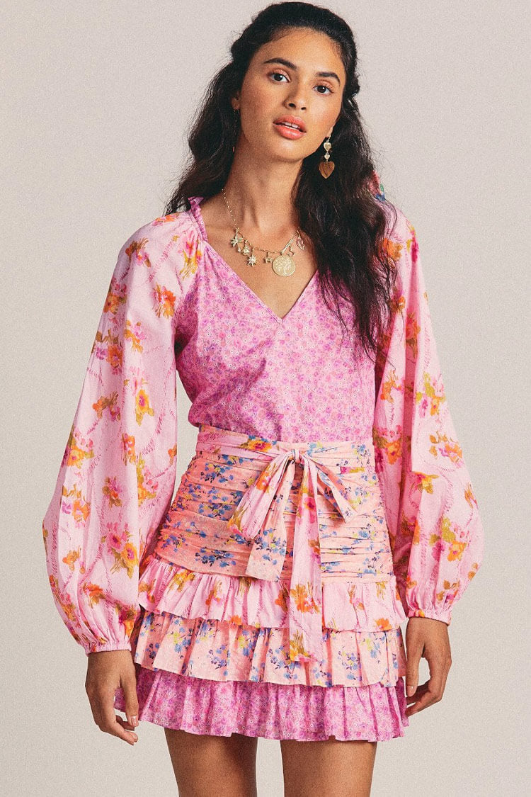 Long Sleeve Tiered Ruffle Floral Printed Mini Dress - Pink  Fashionpara