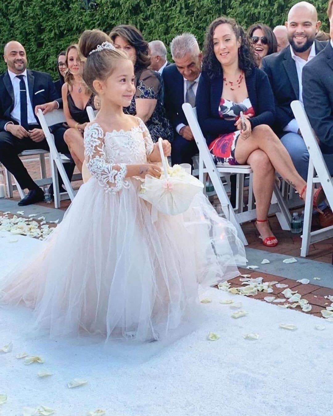 Long Sleeve Tulle Lace Flower Girl Dress With Bowknot - Fashionpara