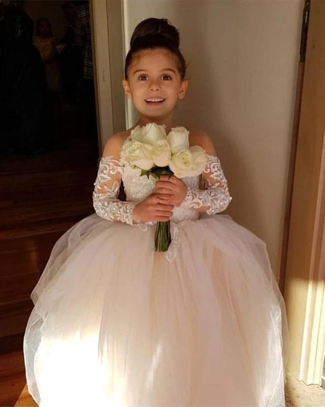 Long Sleeve Tulle Lace Flower Girl Dress With Bowknot - Fashionpara