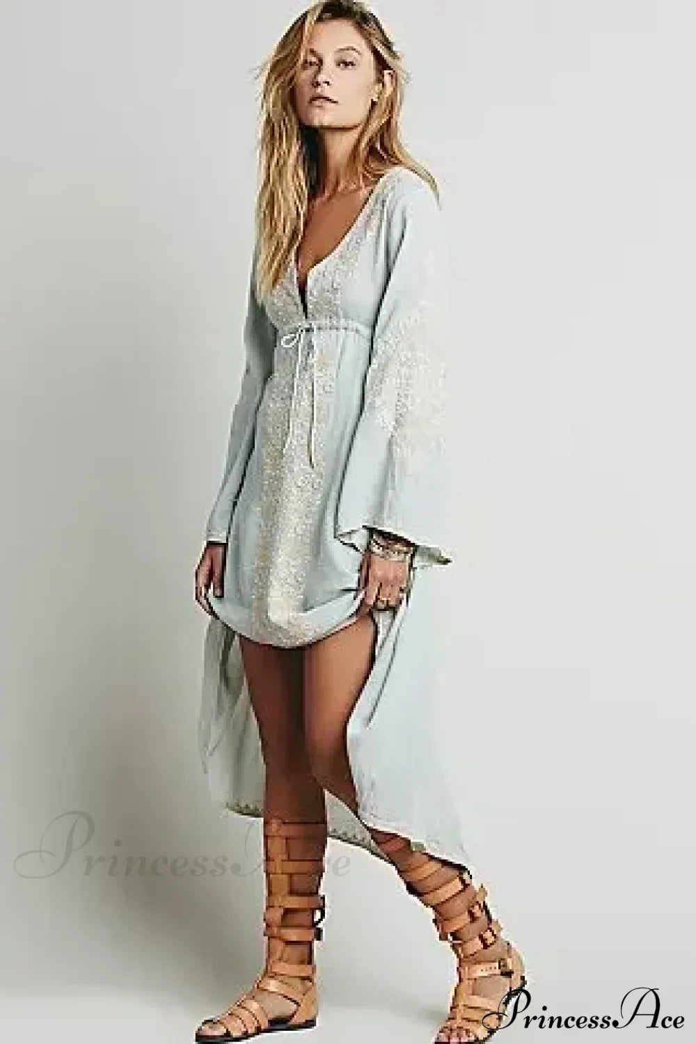 Long Sleeve Vintage Floral Embroidered Cotton Tunic Dress Light blue / S bohodress-250126