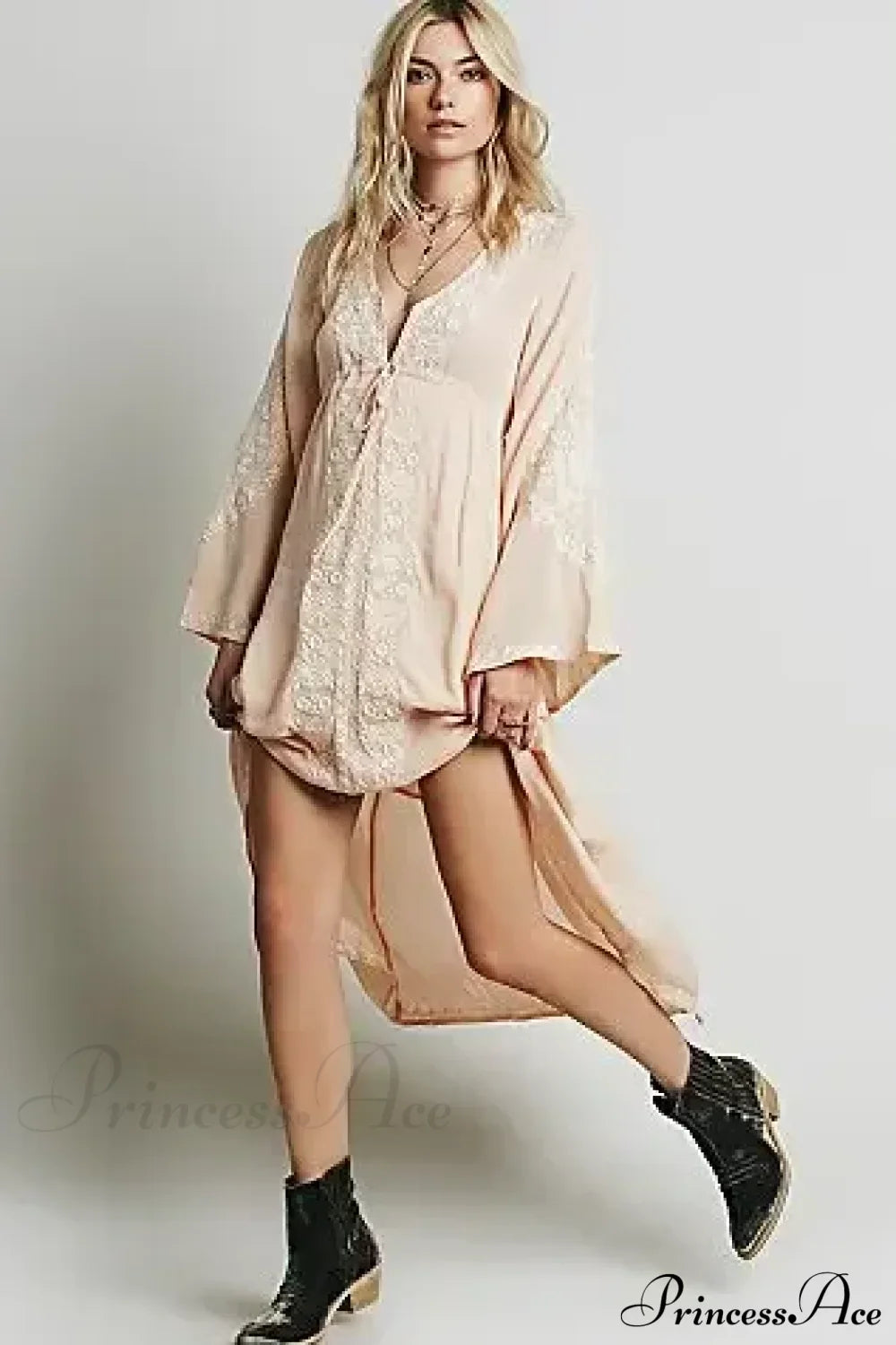 Long Sleeve Vintage Floral Embroidered Cotton Tunic Dress Orange Pink / S bohodress-250126