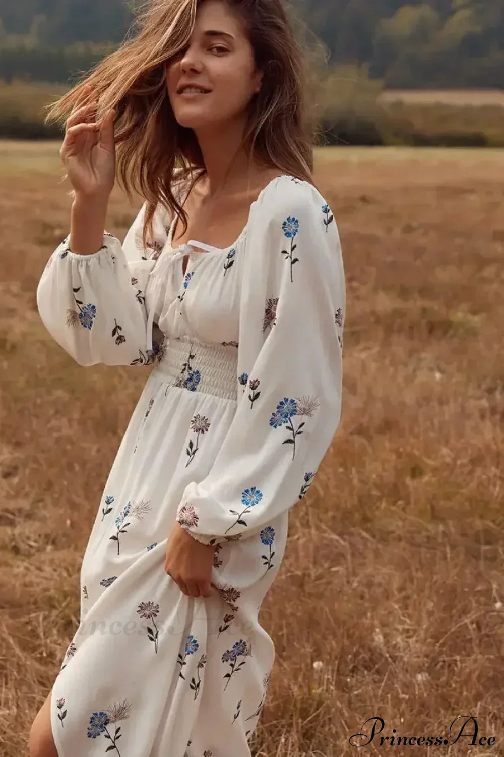 Long-sleeved Stretch Waist Split White Boho Dress